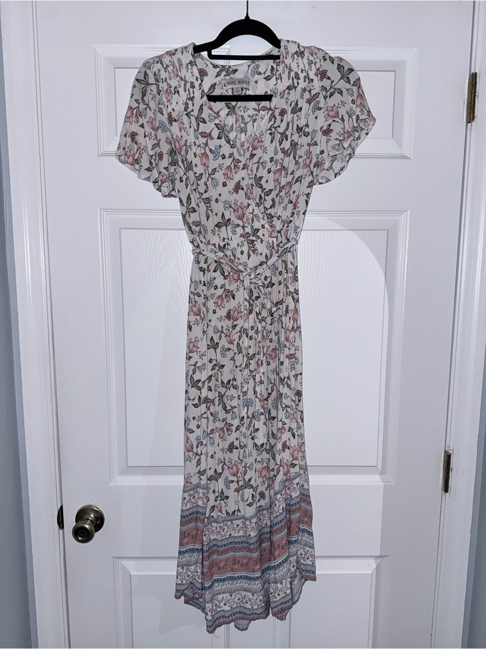 Knox Rose Ivory Floral Midi Dress with Pink & Green Accents